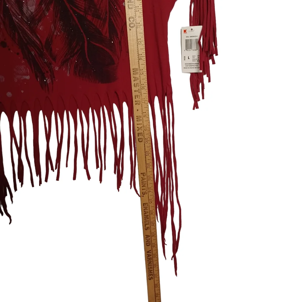 HYBRID Burgundy Red Black Silver Feather Print Fringe Short Sleeve Top Large NWT - Picture 7 of 7